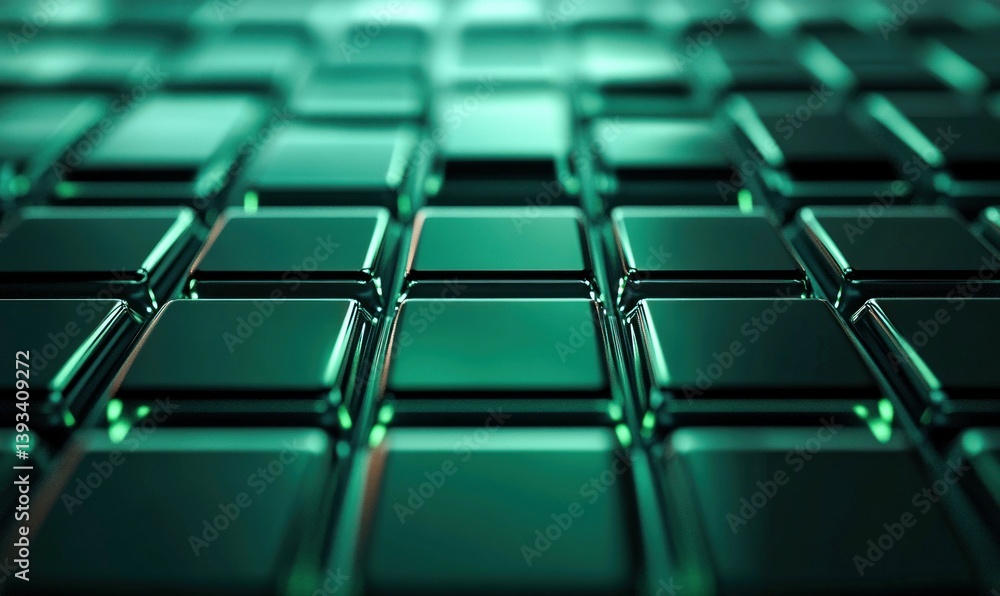 Fototapeta premium Shiny green metallic squares arranged in a seamless geometric pattern offer a modern abstract background.