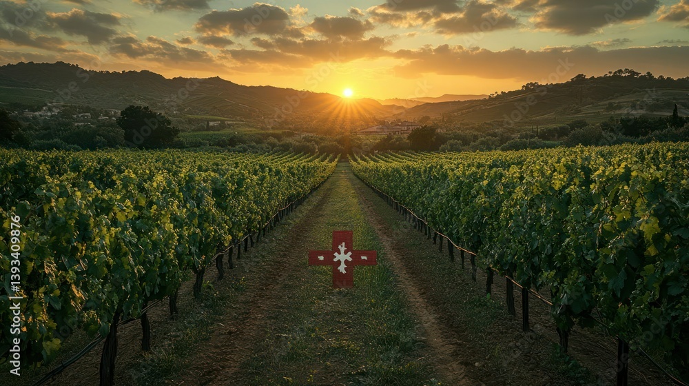 Naklejka premium Vineyard path at sunset, a cross in the middle