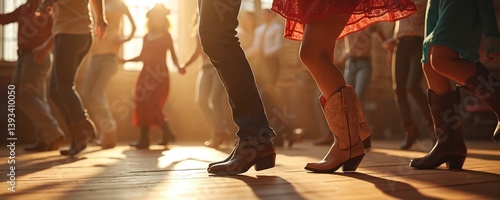 Obraz na płótnie Group of people line dancing in wooden-floored hall, warm light. Dancing people wear cowboy boots, move in rhythm, enjoy fun. Rustic community, camaraderie, festive event, active lifestyle. w salonie