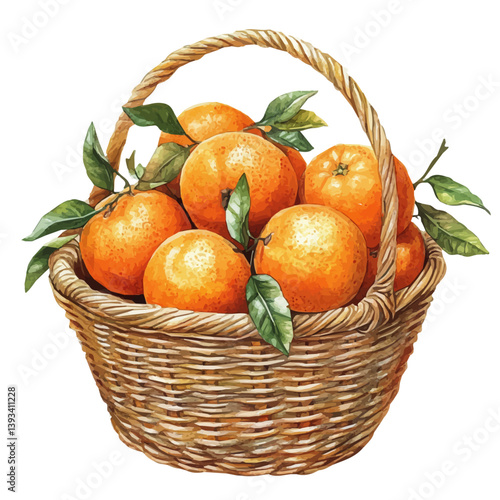 A watercolor vector illustration of a Tangerine basket, isolated on a white background.

