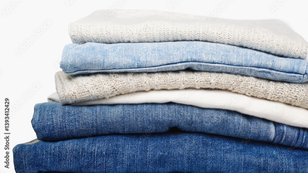A stack of folded jeans on a white background A stack of folded jeans on a white background