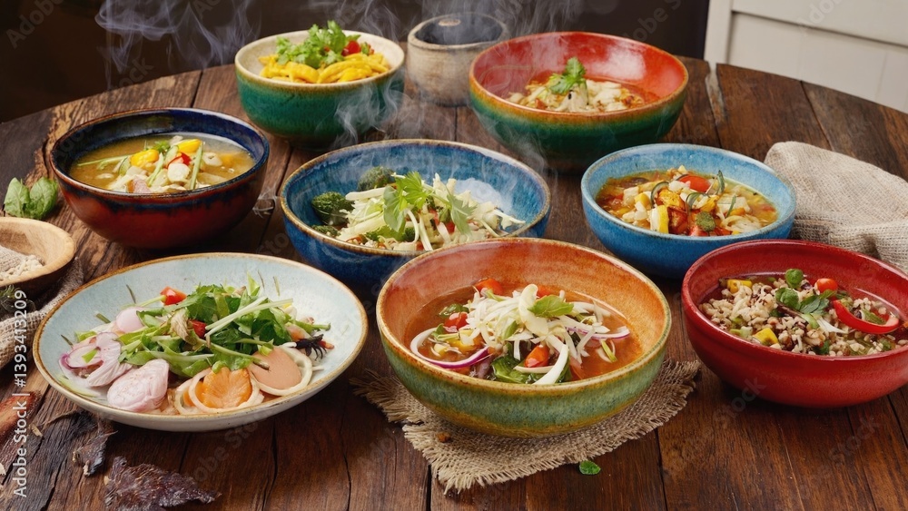 A wooden table set with multiple bowls of different foods, ideal for still life photography or interior design images A wooden table set with multiple bowls of different foods, ideal for still life photography or interior design images