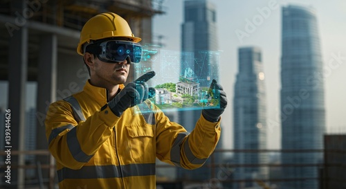 Fototapeta Naklejka Na Ścianę i Meble -  Man architect uses virtual reality technology to inspect housing project, modern construction augmented reality for architectural design and planning, metaverse development