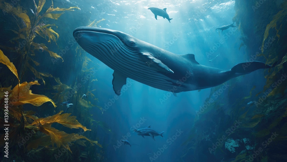 Obraz premium A humpback whale swimming among kelp forests, great for ocean or marine-life themed projects