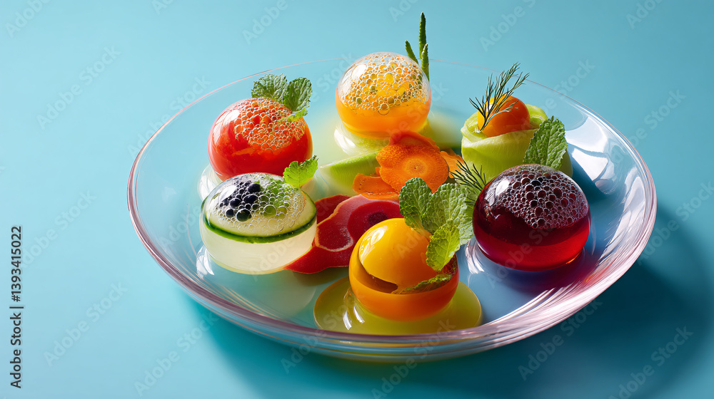 A salad featuring modern culinary techniques like liquid-filled spheres as dressing and airy vegetable foams, presented with a focus on visual design. A salad featuring modern culinary techniques like liquid-filled spheres as dressing and airy vegetable foams, presented with a focus on visual design.
