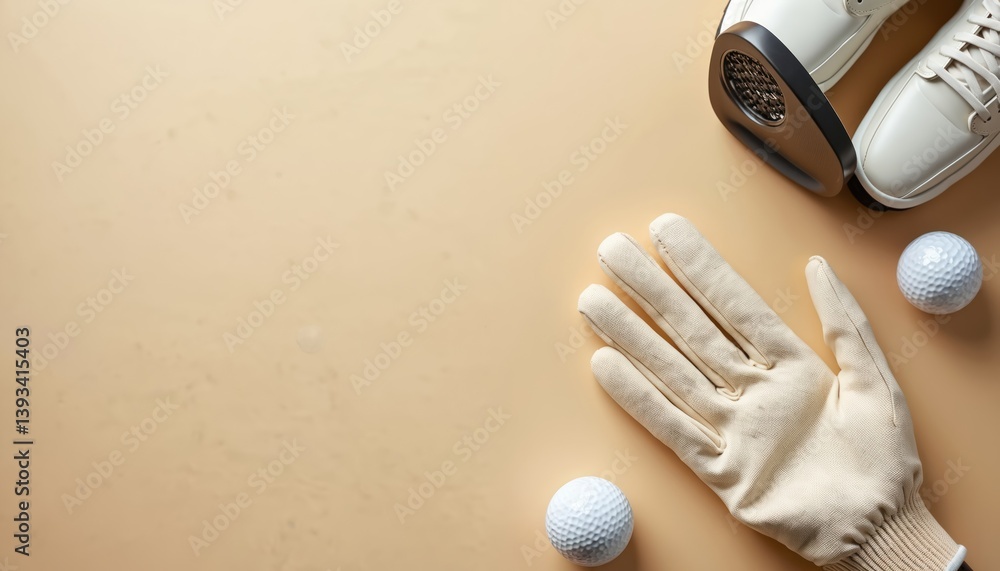Golf gear flat lay on beige background. White golf shoes, golf glove, golf balls, club on sand color background. Sport equipment set. Minimalist design, sport recreation hobby, pro game.