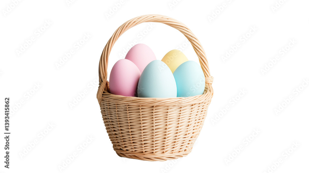 Wicker basket with colorful Easter eggs, festive springtime decoration, cut out transparent Wicker basket with colorful Easter eggs, festive springtime decoration, cut out transparent