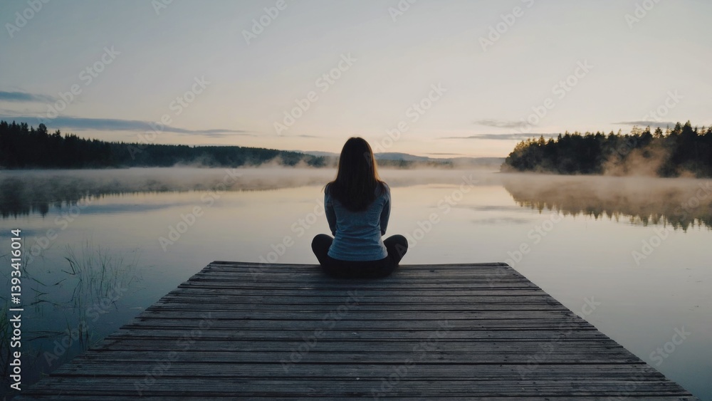 A woman sits on a dock overlooking a peaceful lake, great for travel or outdoor-themed images A woman sits on a dock overlooking a peaceful lake, great for travel or outdoor-themed images
