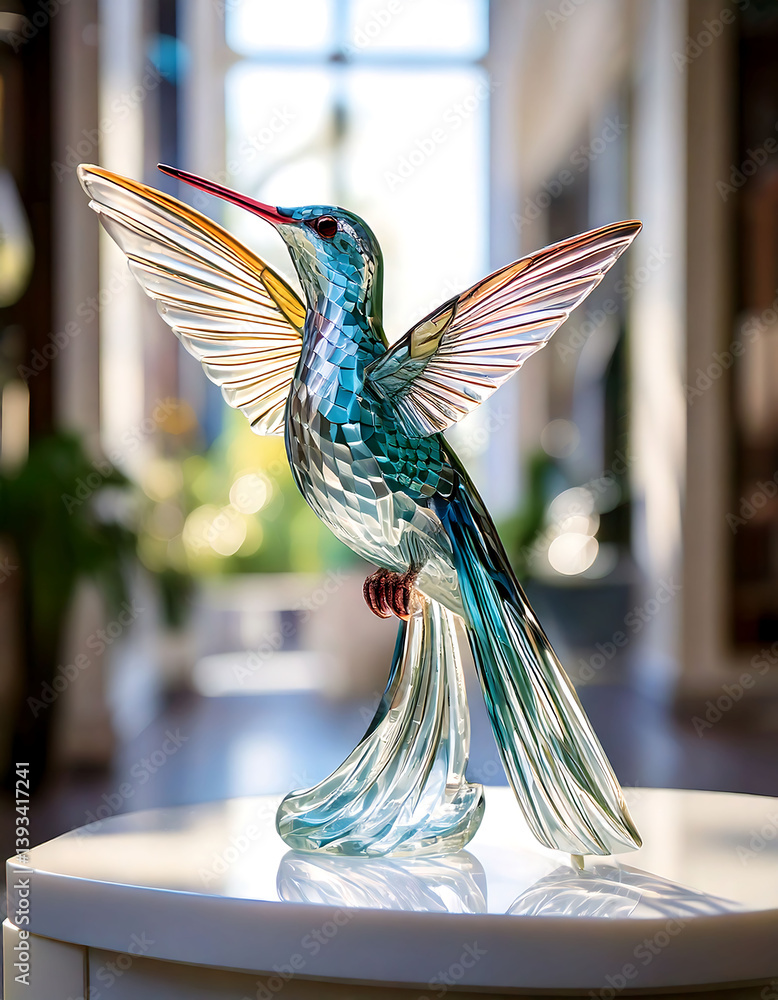 Fototapeta premium Stunning crystal hummingbird figurine, wings outstretched in flight. Captures the beauty of nature and freedom. Perfect for home decor, showcasing elegance and artistry.