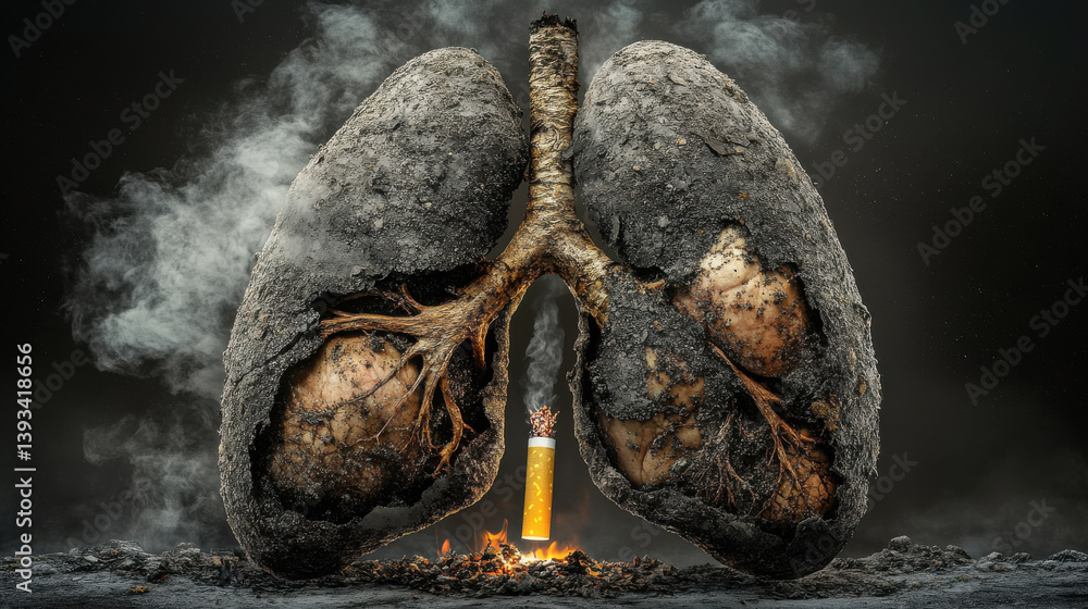 Conceptual art of lungs damaged by smoking with burning cigarette and smoke surrounding