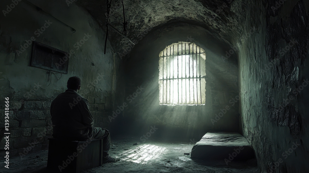 Lonely man sitting in dark, ancient stone prison cell with sunlight streaming through iron barred window highlighting desolate atmosphere