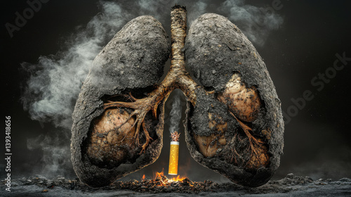 Obraz na płótnie Conceptual art of lungs damaged by smoking with burning cigarette and smoke surrounding w salonie
