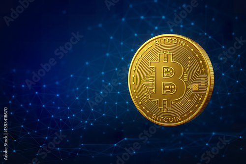 Futuristic Golden Bitcoin Floating Over Blue Digital Network Background