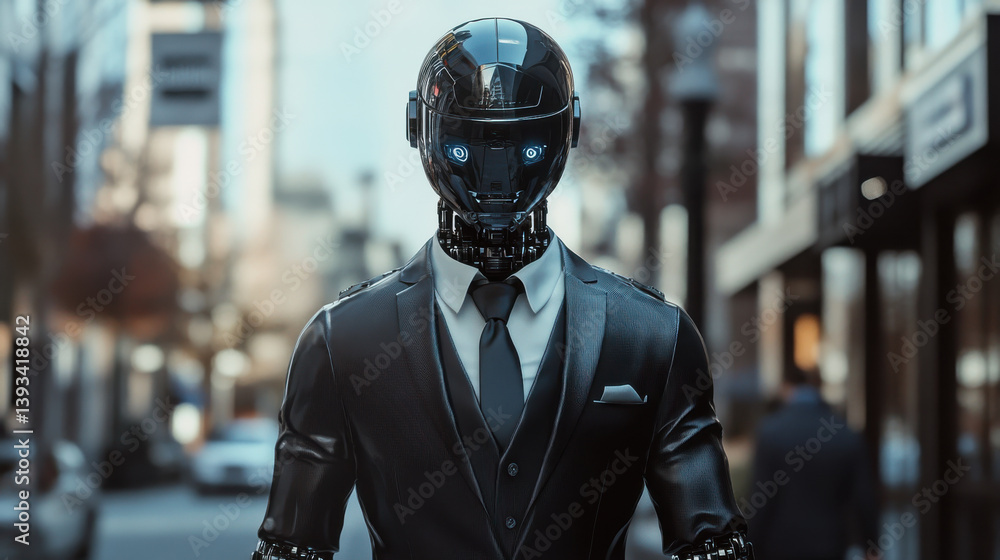 Futuristic android robot in suit strolling through urban cityscape on busy street in bright daylight