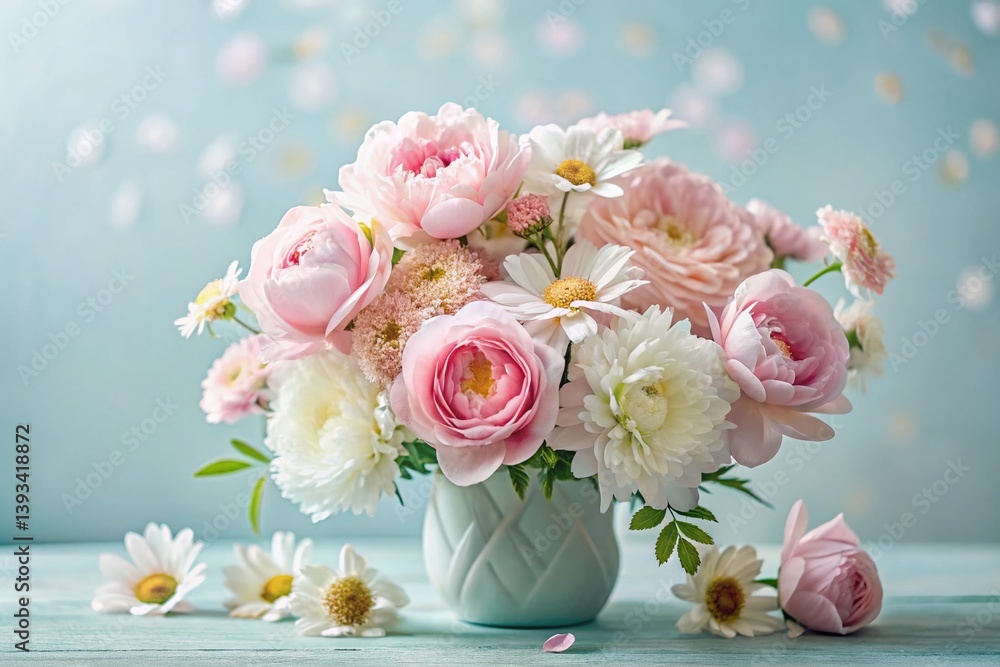Obraz premium Delicate Floral Still Life A Minimalist Arrangement of Pink and White Roses Peonies and Daisies in a Stunning