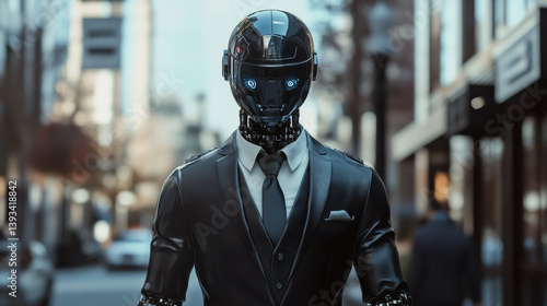 Obraz na płótnie Futuristic android robot in suit strolling through urban cityscape on busy street in bright daylight w salonie