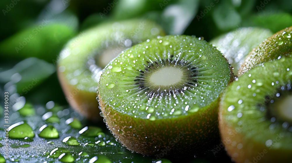Fresh sliced kiwi fruit with water droplets on green leaves, close-up macro view of juicy kiwi slices with vibrant texture