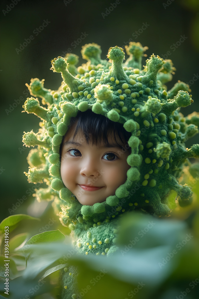 Smiling child in green nature-inspired costume with unique textured design in outdoor setting