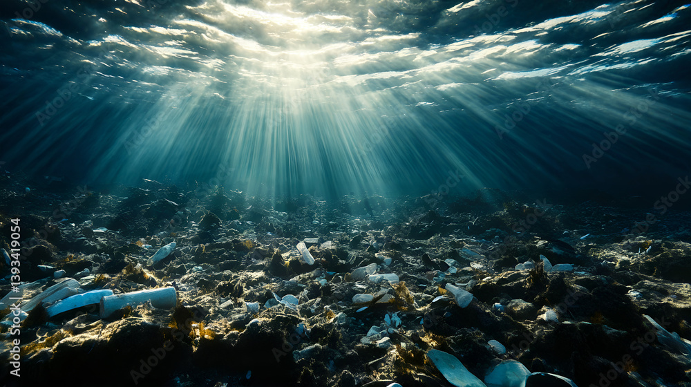Sunlight piercing polluted ocean surface illuminating underwater plastic waste