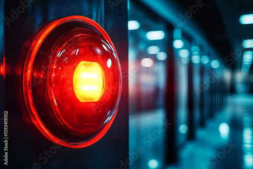 Glowing red emergency light in modern industrial corridor with blurred blue lights