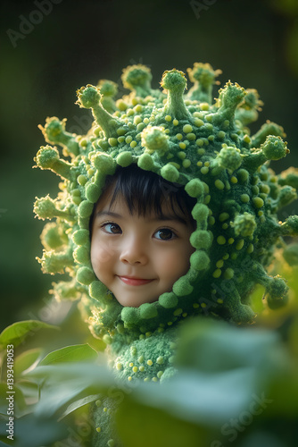 Obraz na płótnie Smiling child in green nature-inspired costume with unique textured design in outdoor setting w salonie