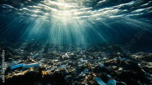 Obraz na płótnie Sunlight piercing polluted ocean surface illuminating underwater plastic waste w salonie