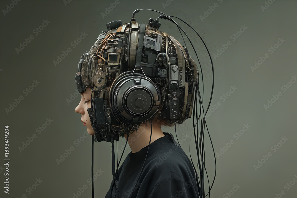 Futuristic young woman with cybernetic helmet and wires in profile view