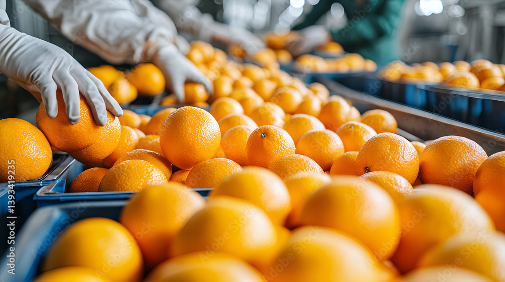 Oranges being sorted and packed by workers with gloves in factory setting