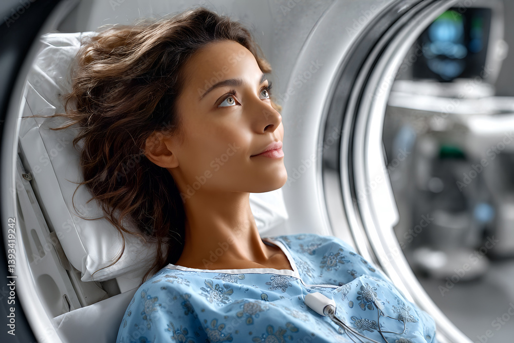 Woman in hospital gown inside mri machine for medical scan exam in healthcare facility