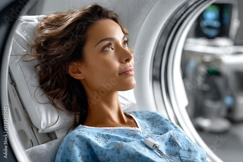 Obraz na płótnie Woman in hospital gown inside mri machine for medical scan exam in healthcare facility w salonie