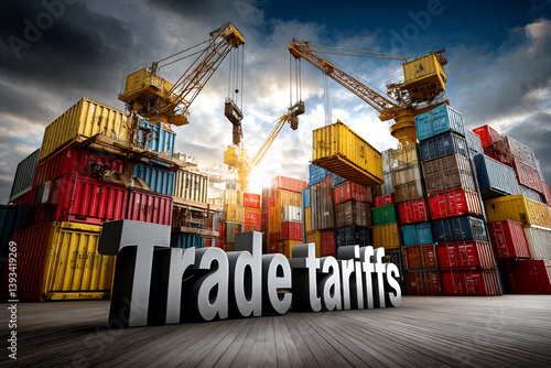 Industrial port with shipping containers and cranes highlighting trade tariffs and global commerce at sunrise