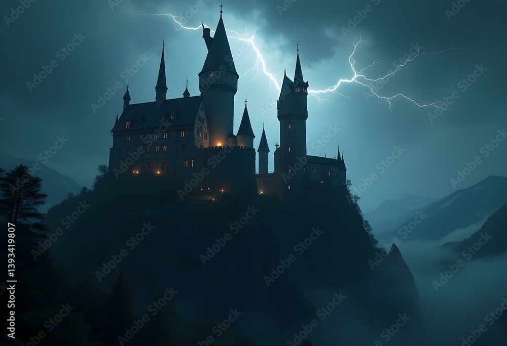 Gothic Castle Perched on Cliff Edge with Stormy Skies and Lightning — Dark Fantasy Landscape Concept Art Gothic Castle Perched on Cliff Edge with Stormy Skies and Lightning — Dark Fantasy Landscape Concept Art