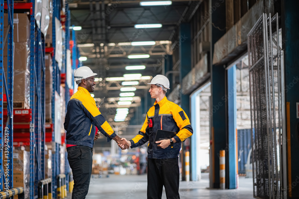 Warehouse supervisors and workers shaking hands to express their delight at working together