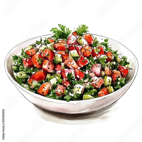 A watercolor vector illustration of Tabbouleh, isolated on a white background.

