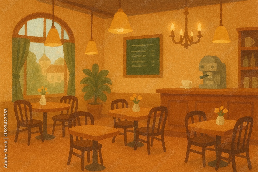 Cozy Daytime Café Interior – Soft Gouache Style Illustration Cozy Daytime Café Interior – Soft Gouache Style Illustration