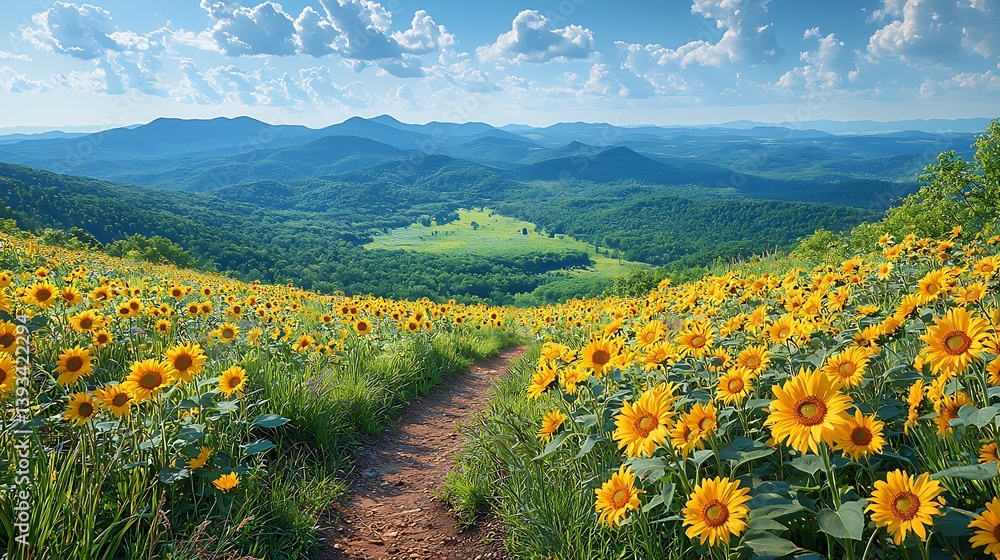 Fototapeta premium Sunflowers Embrace the Vista: A winding path through a field of sunflowers leads the eye towards a breathtaking mountain panorama under a vibrant sky.