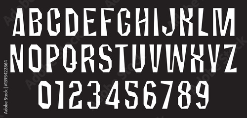 Heavy Chopped simple font on the theme of urbanism, stone, concrete, rock. Set of letters and numbers of the latin alphabet.
