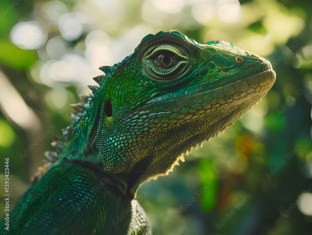 Obraz premium A close-up of an anoles head, its vibrant green scales shimmering under the bright sunlight. The blurred jungle background adds depth, creating a natural, serene