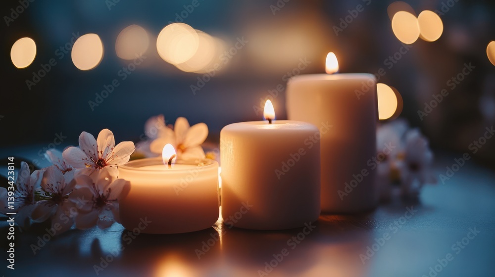 Lit candles and blossoms peaceful ambiance Lit candles and blossoms peaceful ambiance
