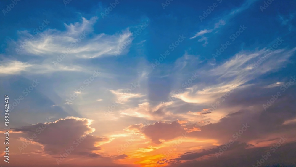 A calm sunset scene with a small boat floating on the ocean, perfect for travel or adventure concepts A calm sunset scene with a small boat floating on the ocean, perfect for travel or adventure concepts