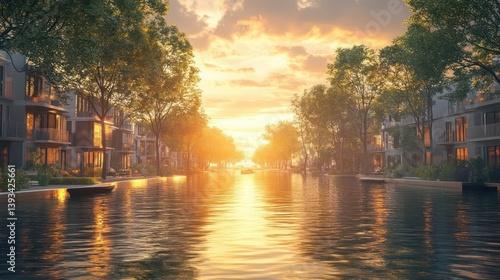 Golden hour canal cityscape. Tranquil residential area at sunset