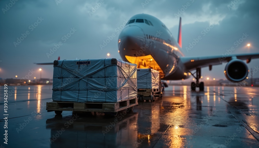 Cargo pallets wrapped netting loaded into large aircraft at night. Airplane air freight logistics, global supply chain operations. Modern industry tech for international business. Fast delivery