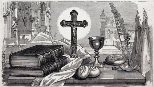 Obraz na płótnie A simple illustration of a cross and an open book, suitable for use in spiritual or educational contexts w salonie