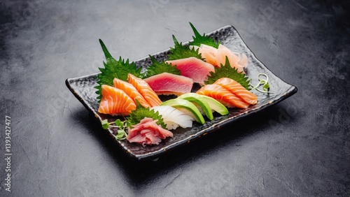 Fresh sushi on a dark table setting
