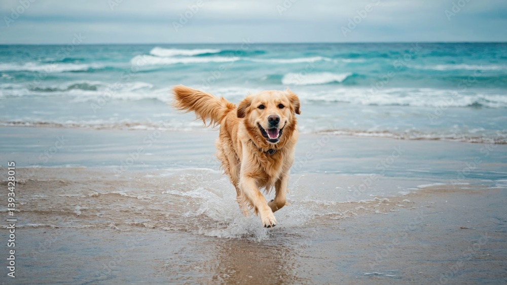 A dog running and playing in the water at a sunny beach A dog running and playing in the water at a sunny beach