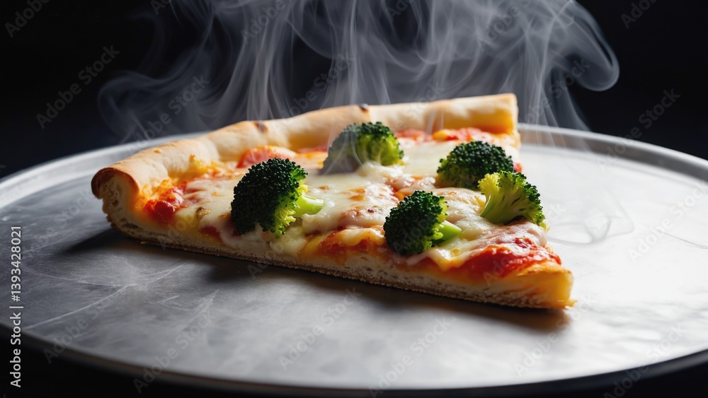 Freshly baked pizza topped with steamed broccoli served on a plate
