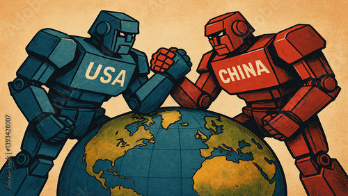Two giant robots labeled “USA” and “China” locked in a tense arm-wrestling match over a globe