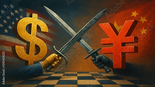 A dollar sign and a yuan symbol fencing with swords made of steel and silicon chips.


