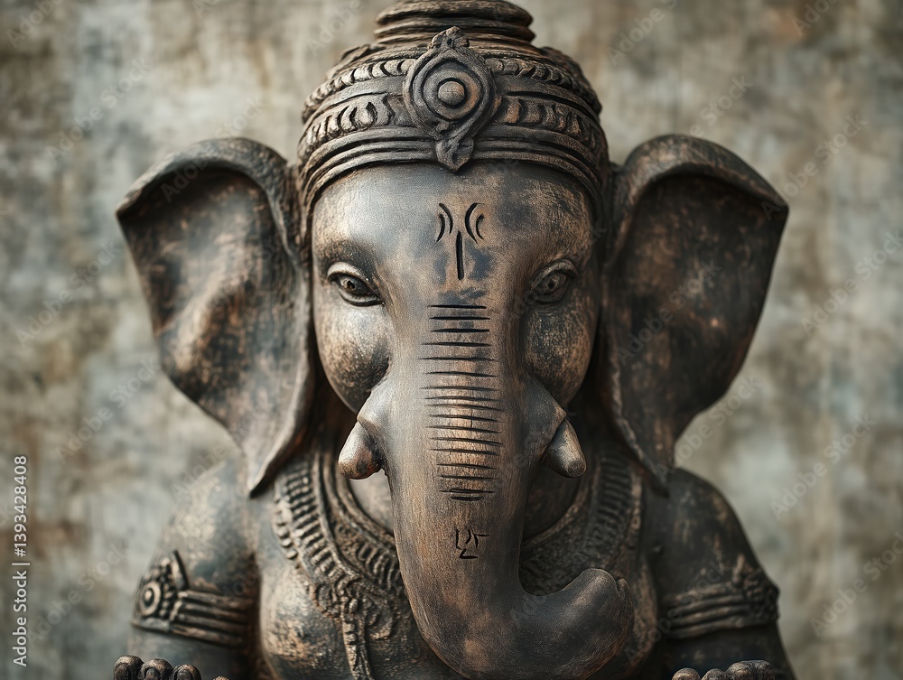 Fototapeta premium Serene Ganesha Statue: A detailed bronze sculpture of the Hindu deity Ganesha, exuding peace and wisdom, stands gracefully against a textured background, radiating a sense of ancient spirituality.