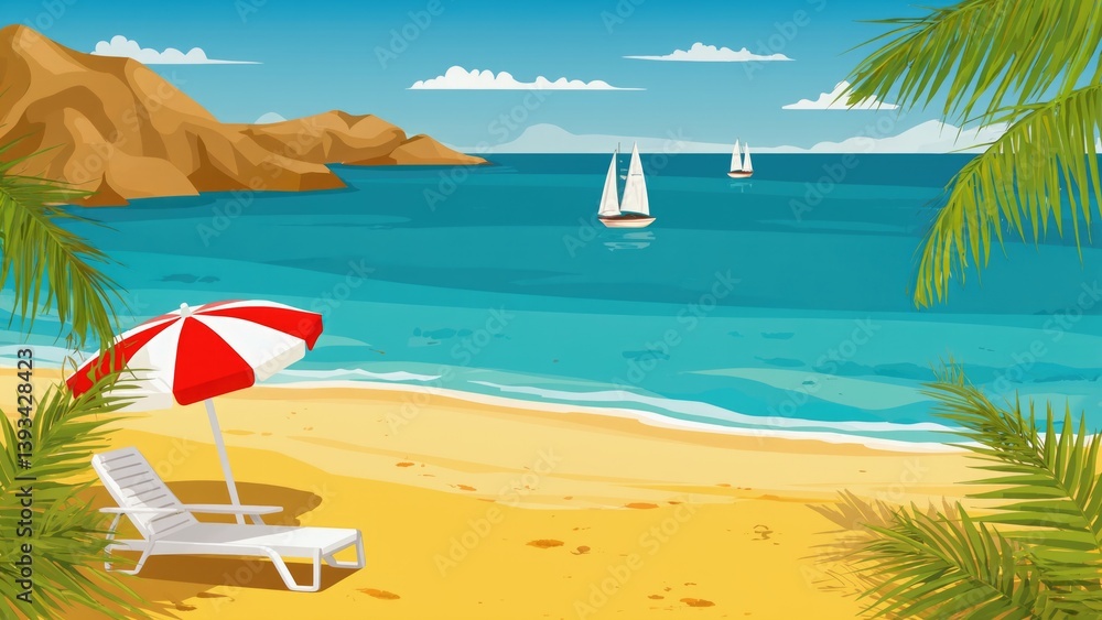 A person lounging on a beach with a chair and umbrella, perfect for summer vacation or relaxation